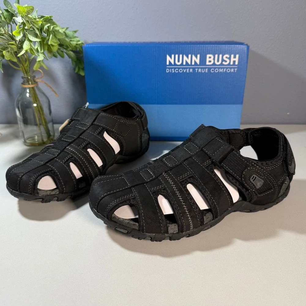 Nunn Bush Mens Black Fisherman Sandals‎ Hook and Loop Comfort Size 9